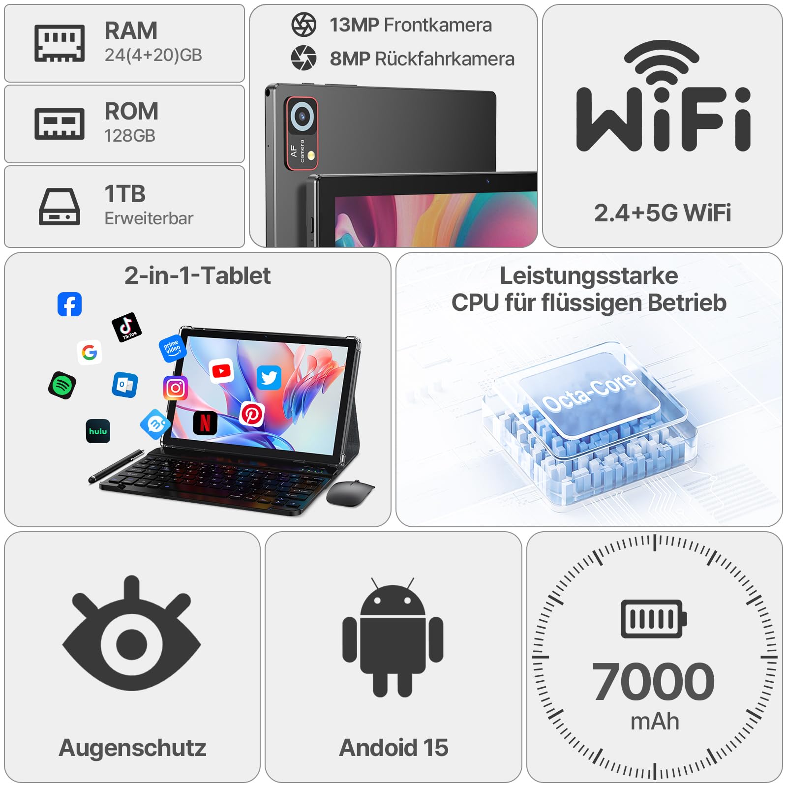 ANTEMPER 2026 Neueste Tablet, 10.1 Zoll Display, 24GB RAM + 128GB ROM (erweiterbar auf 1TB), Android 15 Tablets mit Tastatur Maus Stift, WiFi 6, WideVine L1, 13MP+8MP Kamera, 7000mAh, GPS, Schwarz