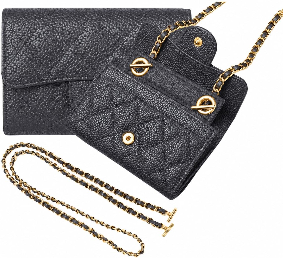Premium Conversion Kit compatible with Small Flap Wallet Insert โ Perfect Fit, Wallet on Chain WOC with 120cm - 47" Silver/Gold Chain, 24+ Shades (Gold Leather Chain, Slate Grey)