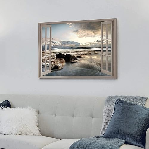 Miniatura 5 de Arte de pared con ventana abierta en el océano lago bajo la puesta de sol, pintura en lienzo, imagen de playa, costera, moderna, relajada, obra de