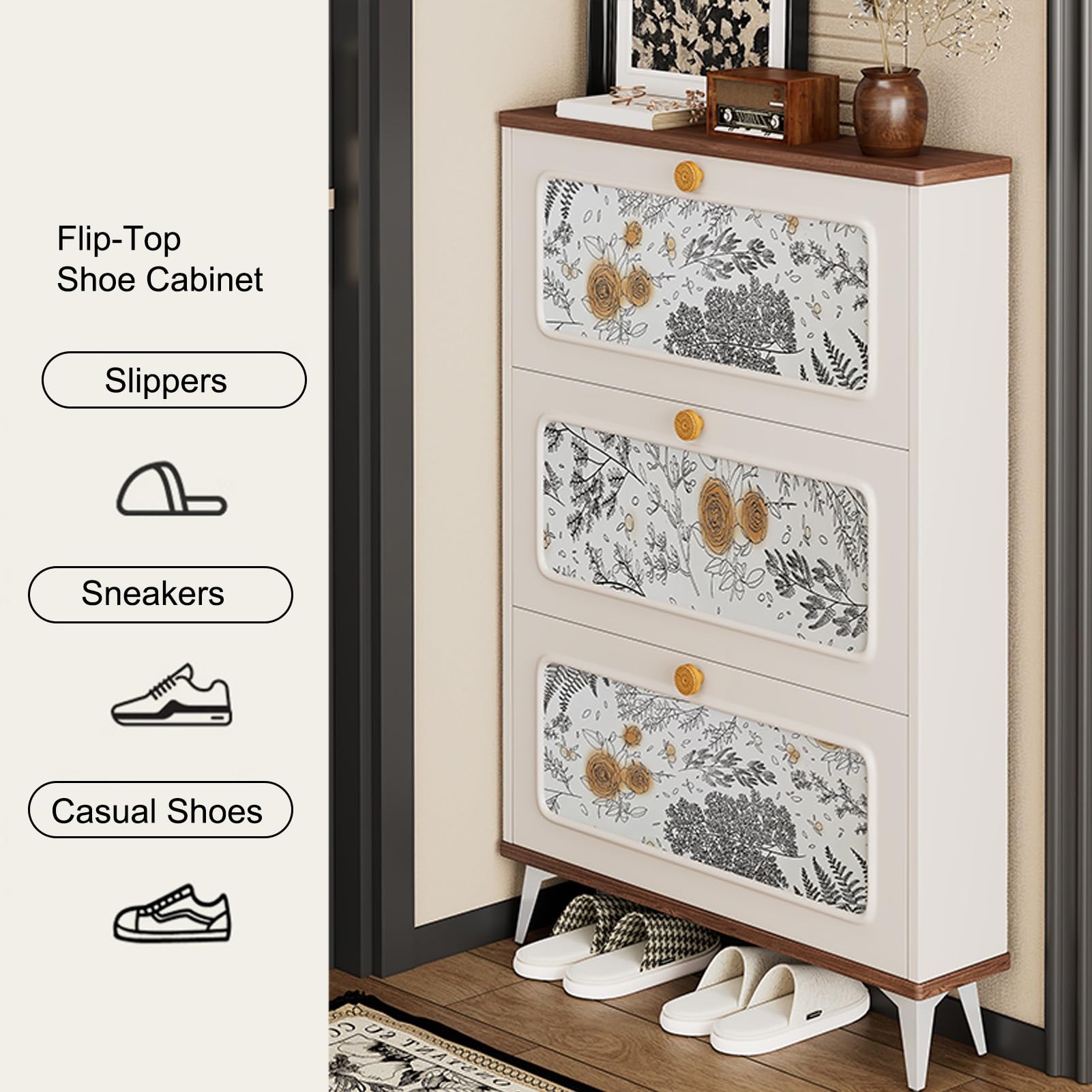 Schuhschrank Mit 3 Klappen, Schuhschrank Schmal Schuhregal, Platzsparend Regal für Schuhe, für Wohnzimmer, Schlafzimmer, Eingangsbereich, Flur, Badezimmer(118x50x17cm/46.5x19.7x6.7in)
