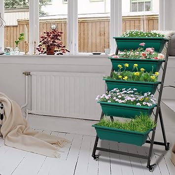 Vertical Garden Planter, Raised Garden Bed 5 Tier Herb Garden Decor with Wheels Planters for Indoor Plants Elevated Box Tall Outdoor Planter Tiered Plant Stand Container Gardening for Balcony Green
