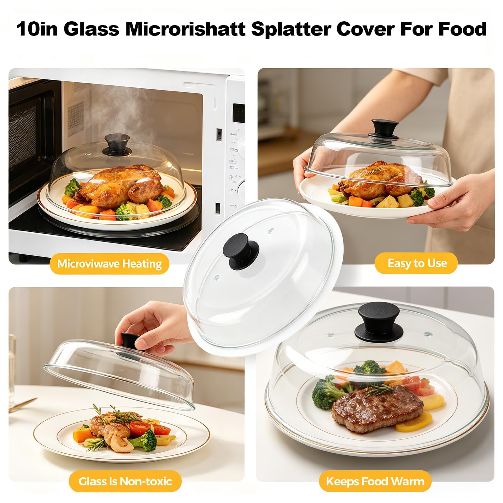 10in Cloche Micro Onde Verre, Couvercle Micro-Ondes En Verre Borosilicaté, Sans Bpa, Avec Trou D'aération, Compatible Lave-Vaisselle, Convient Aux Cuisines Et Aux Bureaux