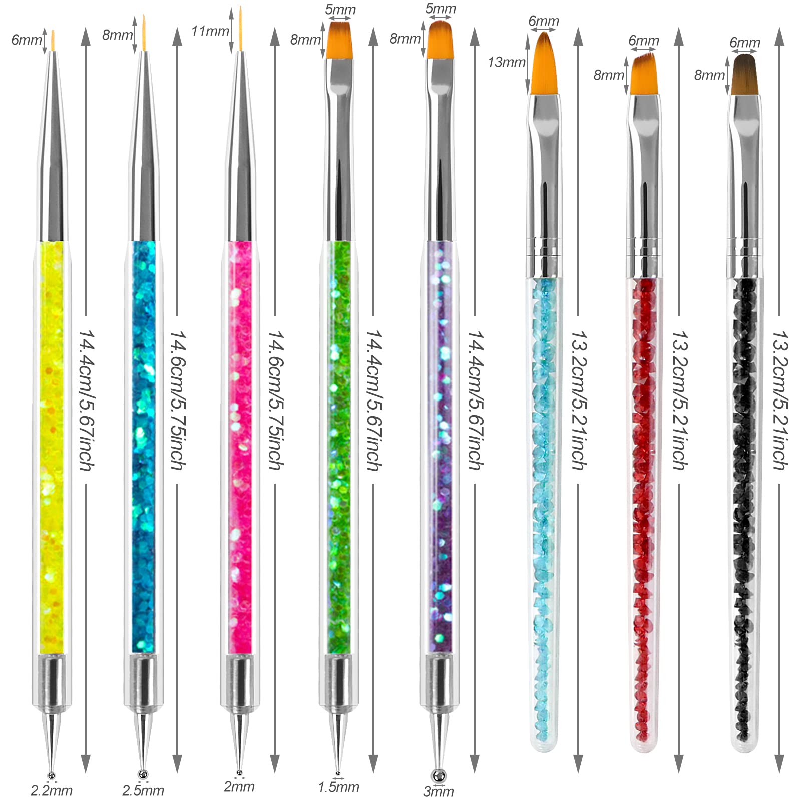 Sularpek Pennelli Unghie Gel, 8 Pezzi Penelli Unghie Professionali Set, Penne per Nail Art Attrezzi a Doppia Punta, con Manico con Strass e Setole in Nylon