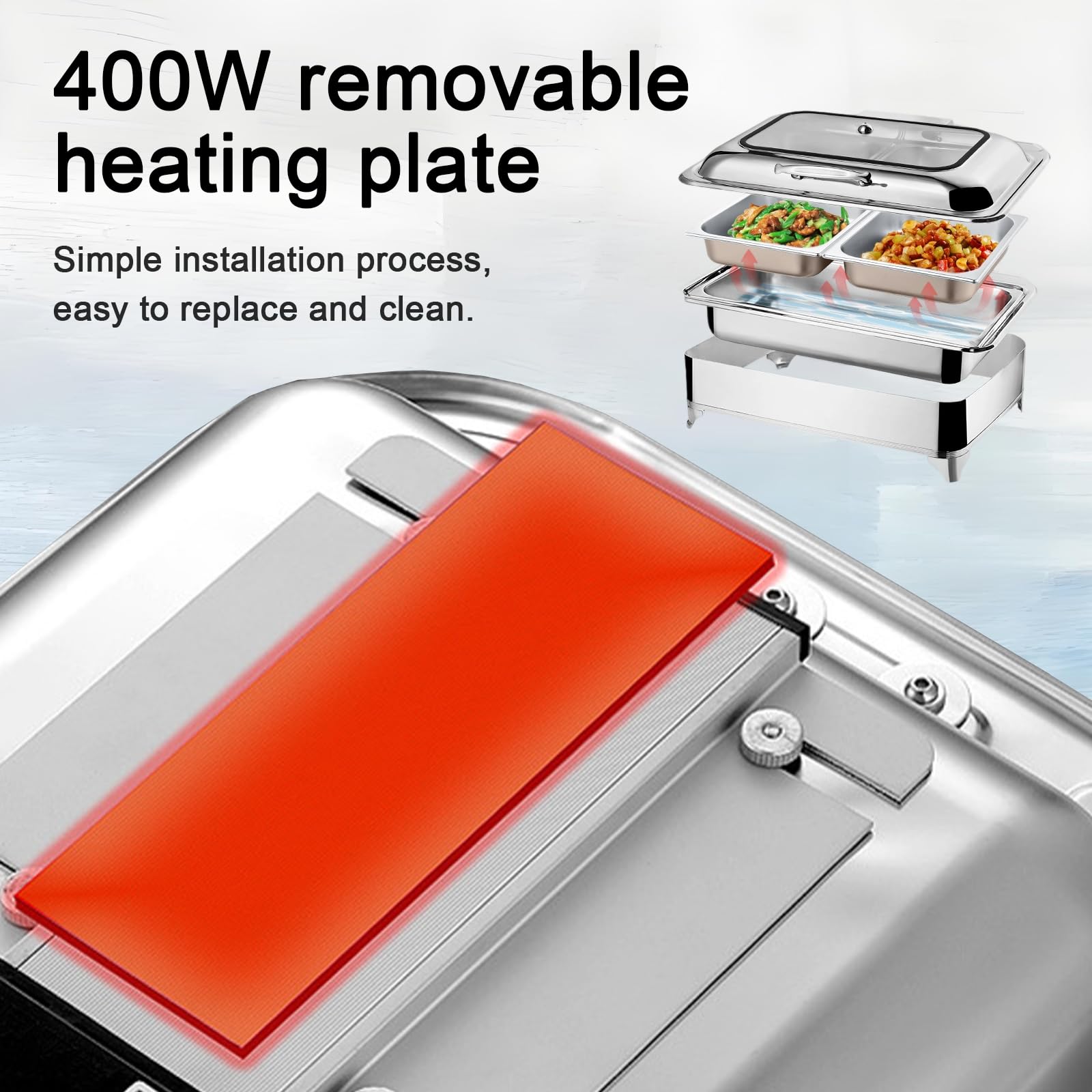 Chafing Dish Elettrico Temperatura Regolabile, 9L, 400W(1/3 Pan) | Scaldavivande Elettrico Buffet Professional in Acciaio Inox, Contenitore Scalda Cibo per Buffet, Ristoranti, Hotel