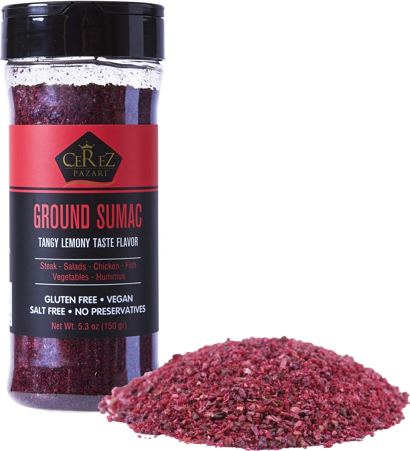 Cerez Pazari Natural Turkish Sumac Spice Powder Ground- 150g Premium Quality Easy to Use Flapper Spice Cap- Tangy Lemony Taste Flavor- Salt Free, Gluten Free, Middle Eastern and Mediterranean Spice