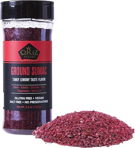 Cerez Pazari Sumac Spice Powder, Turkish Sumac Seasoning, Tangy Lemony Flavor, Middle Eastern And Mediterranean Spices, Gluten-Free, Easy To Use Flapper Spice Cap, 5.2 oz.