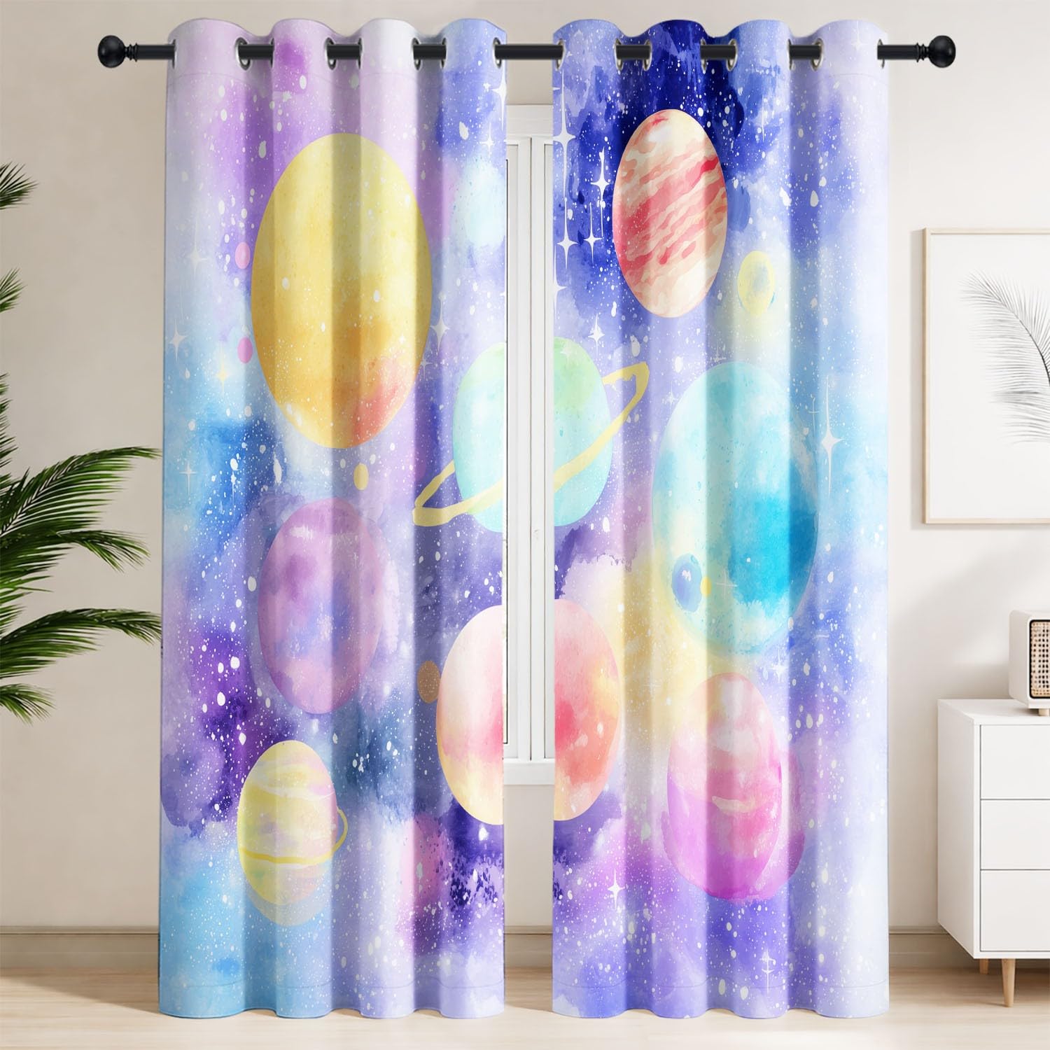 Generisch Planeten Bunte Sterne Vorhänge B 140 x H 245 cm Blickdichte Verdunklungsvorhänge mit Ösen Cartoon Märchen Thermovorhänge für Wohnzimmer und Schlafzimmer, 2er Set