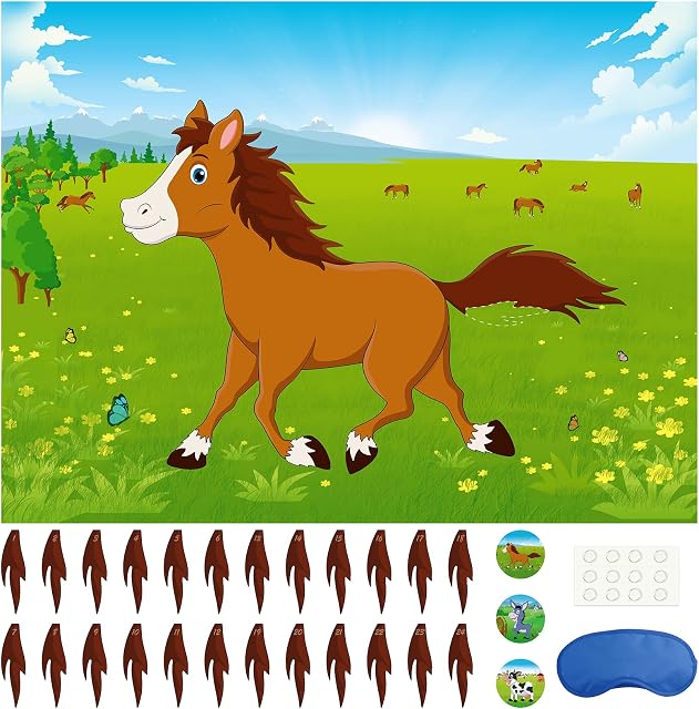 Morcheiong Pin The Tail on The Horse Birthday Game with 48 Tails for Kids Farm Birthday Party Supplies Decorations Favors