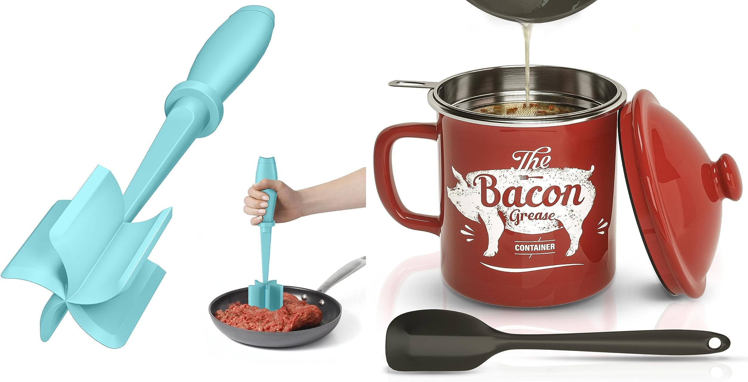 Aqua Meat Chopper and Red Bacon Grease Container