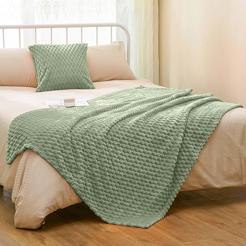 Vista 273 de Vessia Manta de franela de forro polar, 300GSM, acogedora manta a rayas verde salvia para sofá, cama y sofá, cálida y suave, acogedora manta
