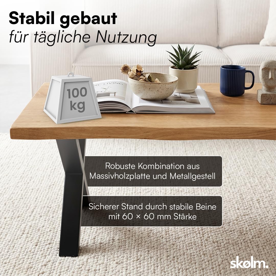skølm Orm Couchtisch 110x55 cm, Eiche massiv, echte Baumkante, X-Gestell