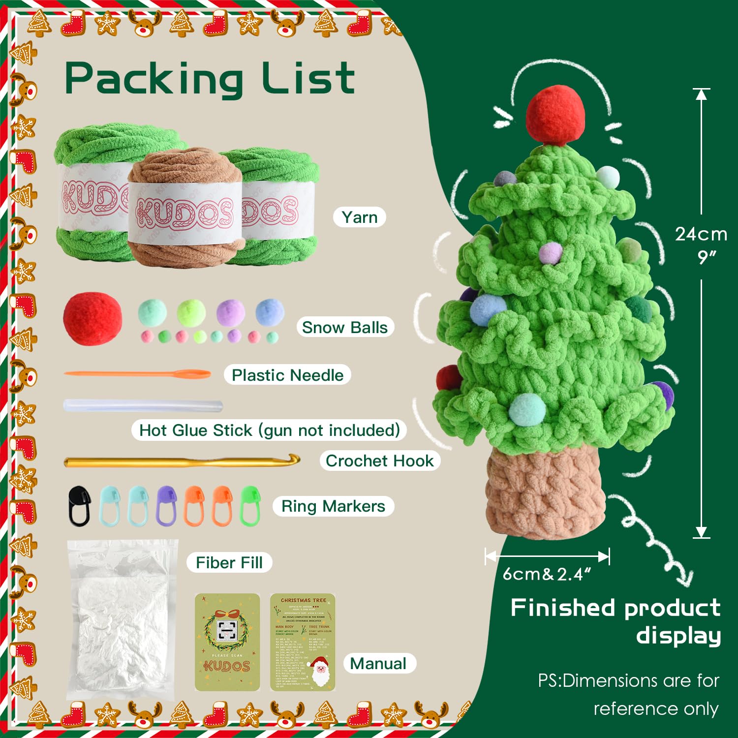 KUDOS Kit de ganchillo con todos los materiales, juego de ganchillo de árbol de Navidad para principiantes, kit de manualidades navideñas con hilo, gancho, cuentas e instrucciones (idioma español no