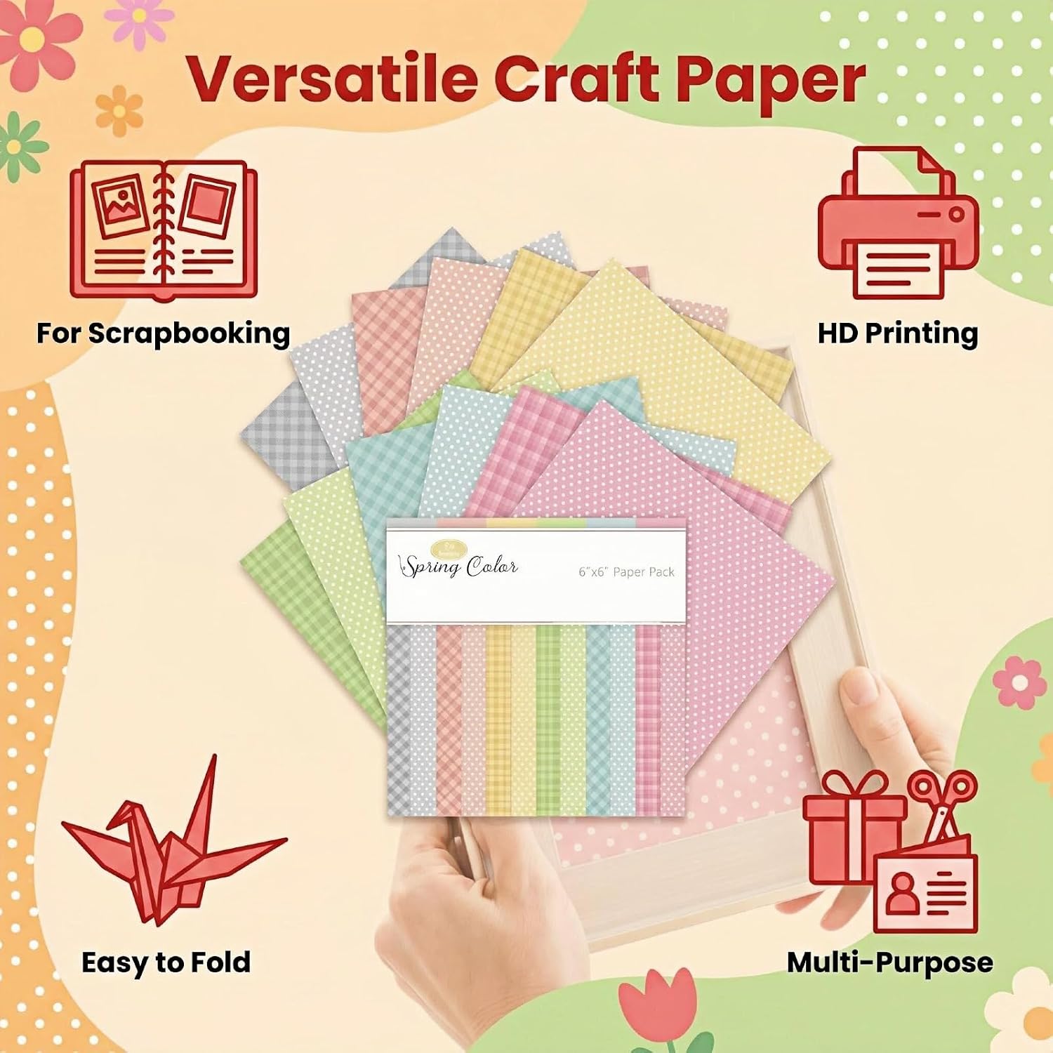 24 Sheets 6"x6" Pink Spring Scrapbook Paper, Acid-Free, Single-Sided Decorative Paper for DIY Scrapbooking, Card Making, Journaling & Craft Projects, 12 Unique Designs (Grid, Floral, Stripe, Letter)
