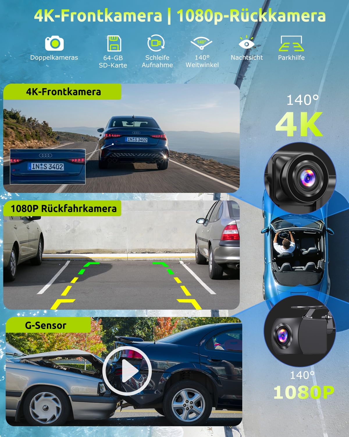 ESSGOO 10.26 Zoll Kabelloses CarPlay Display mit 4K Dashcam 1080P Rückfahrkamera Drahtloser Apple CarPlay & Android Auto, IPS Touchscreen,Bluetooth 5.3,Mirror Link,GPS,FM,AUX, Sprachsteuerung,64GB TF