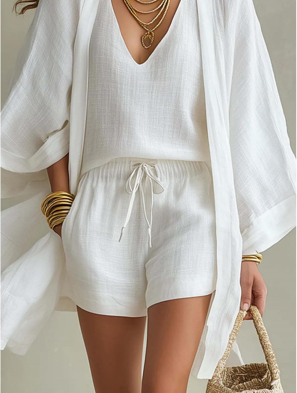 Women's White Loose Cardigan and Drawstring Shorts Three-Piece Set Casual Summer Vacation Linen Matching Sets