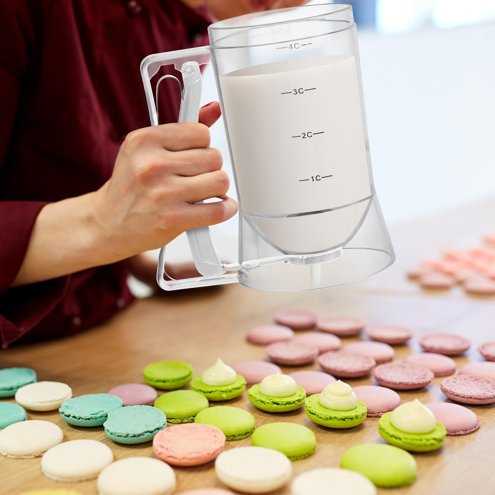 FillTouch 2 dispensadores de masa para panqueques con mango de compresión para parrilla, dispensador de mezcla, panqueques para hornear, cocina, cupcakes, galletas, gofres (blanco)