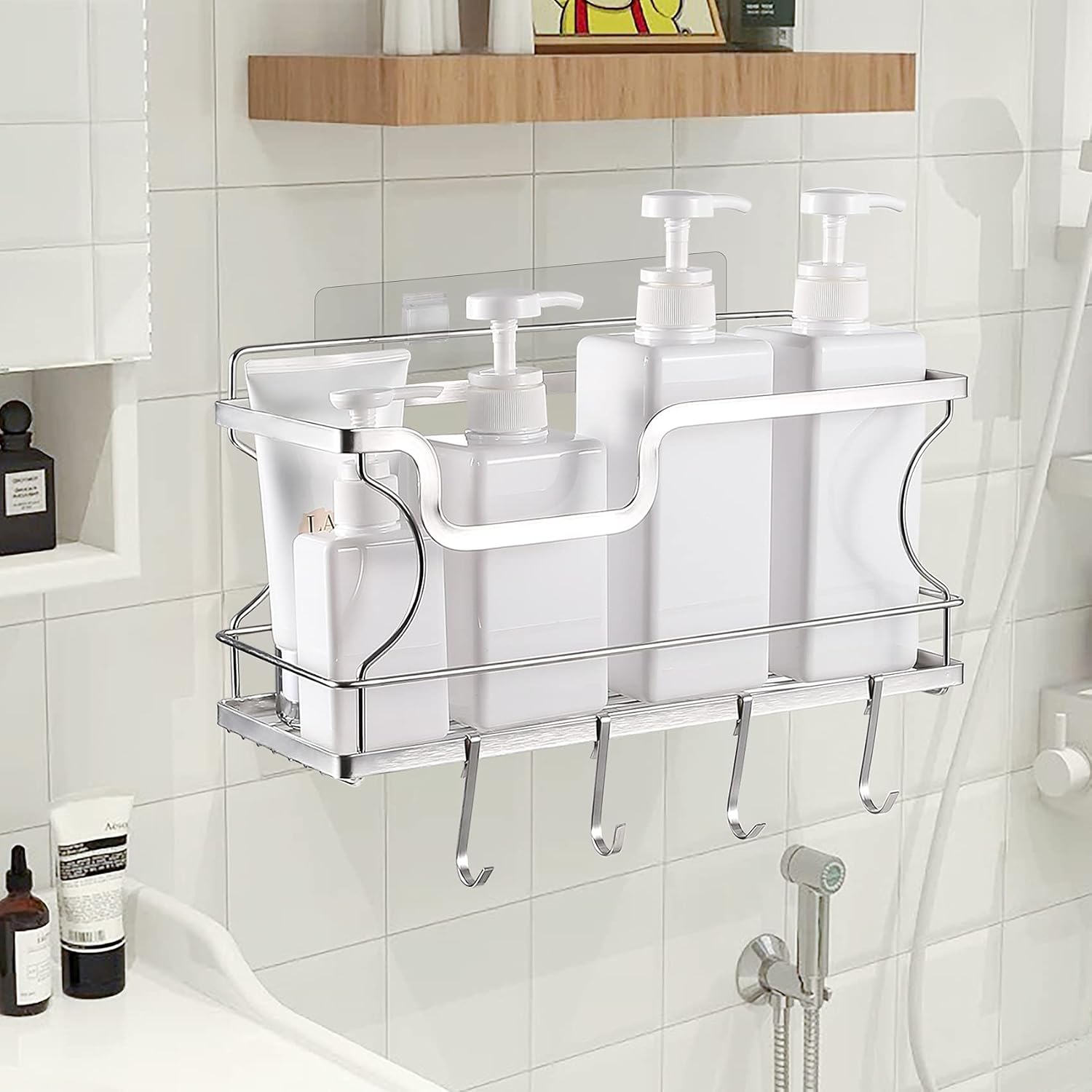 Bathroom Shower Organizer with Hooks No Drilling Adhesive Wall Mounted Shower Caddy Basket Shelf Multi-Function Stainless Steel Holder Rack for Kitchen Panty Organization and Storage (1 Tier, Silver)