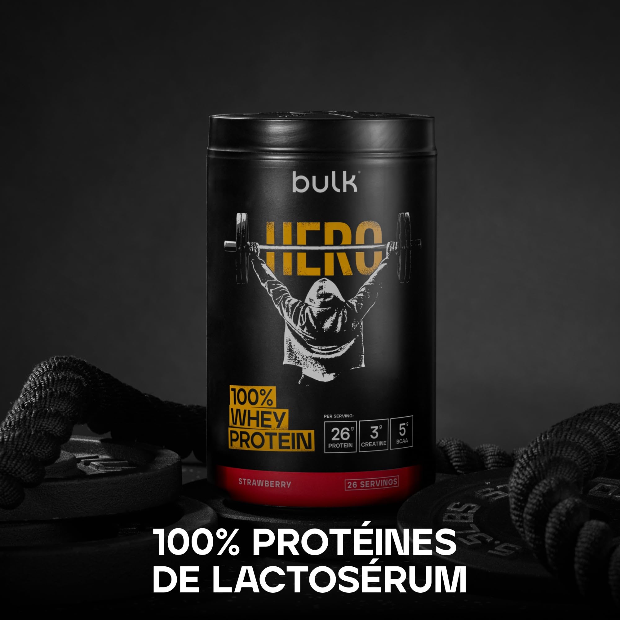 Bulk Hero 100% Whey Protéine en Poudre | Fraise | 65 Portions | 26g Protéine + 3g Créatine | 5g BCAA | Faible en Sucre | Absorption Rapide | Isolat, Hydrolysat & Concentré