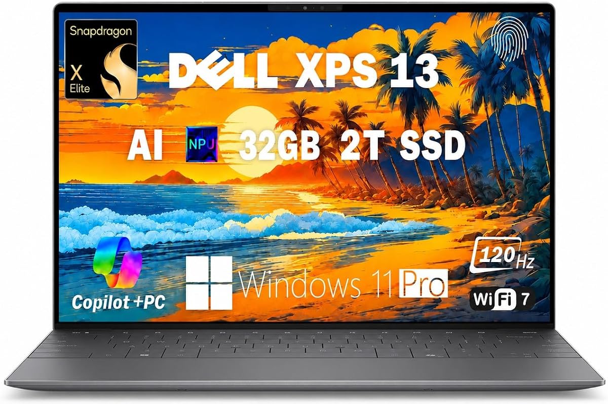Computadora portátil Dell XPS 13 9345, Snapdragon X Elite, 32 GB LPDDR5X, SSD 2T | Pantalla no táctil de 13,4" 2K 120Hz 500 nits, PC AI, cámara web IR, NPU 45 TOPS, Wi-Fi 7, KB retroiluminado, huella digital, Win 11 Pro