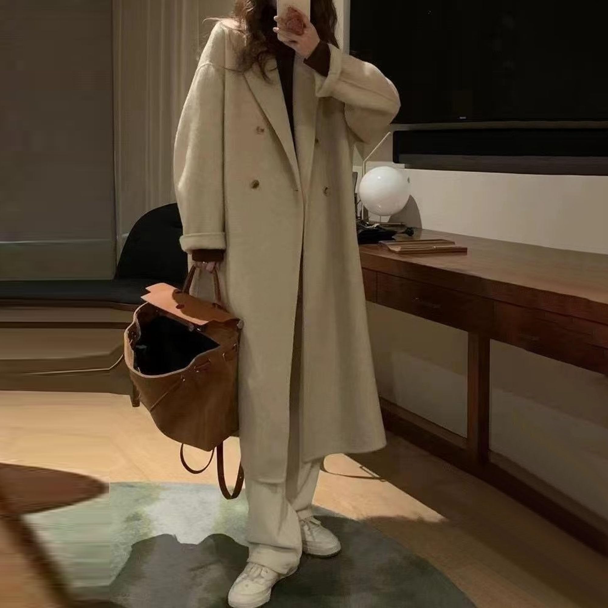 Cappotto invernale da donna in misto lana con doppio petto, lungo, a maniche lunghe e revers a lancia