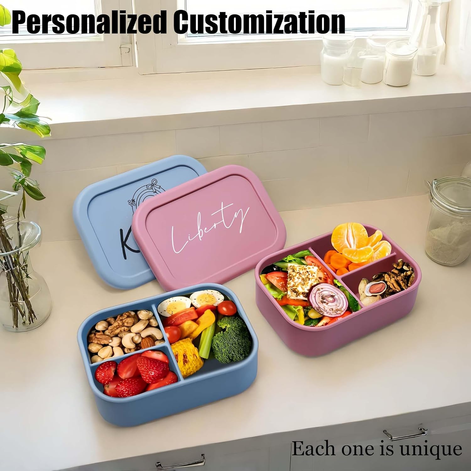 Custom Silicone Bento Box | Personalized Lunch Box with Engraved Name/Logo | Lunch Containers for Work Travel Outdoor with 3 Compartment