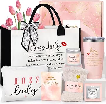 Boss Lady Gifts for Women, Best Boss Gift with Grocery Canvas Tote Bag, Funny Boss Christmas Box for Women, Cool Basket for Bosses Female, Office Appreciation Gifts for Birthday Bosss Day Pink