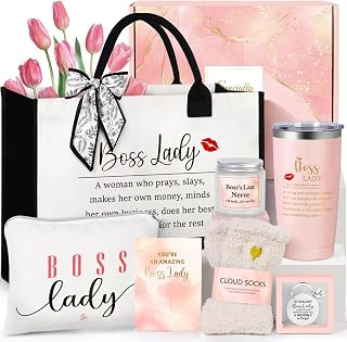 Boss Lady Gifts for Women, Best Boss Gift with Grocery Canvas Tote Bag, Funny Boss Christmas Box for Women, Cool Basket for Bosses Female, Office Appreciation Gifts for Birthday Boss's Day Pink
