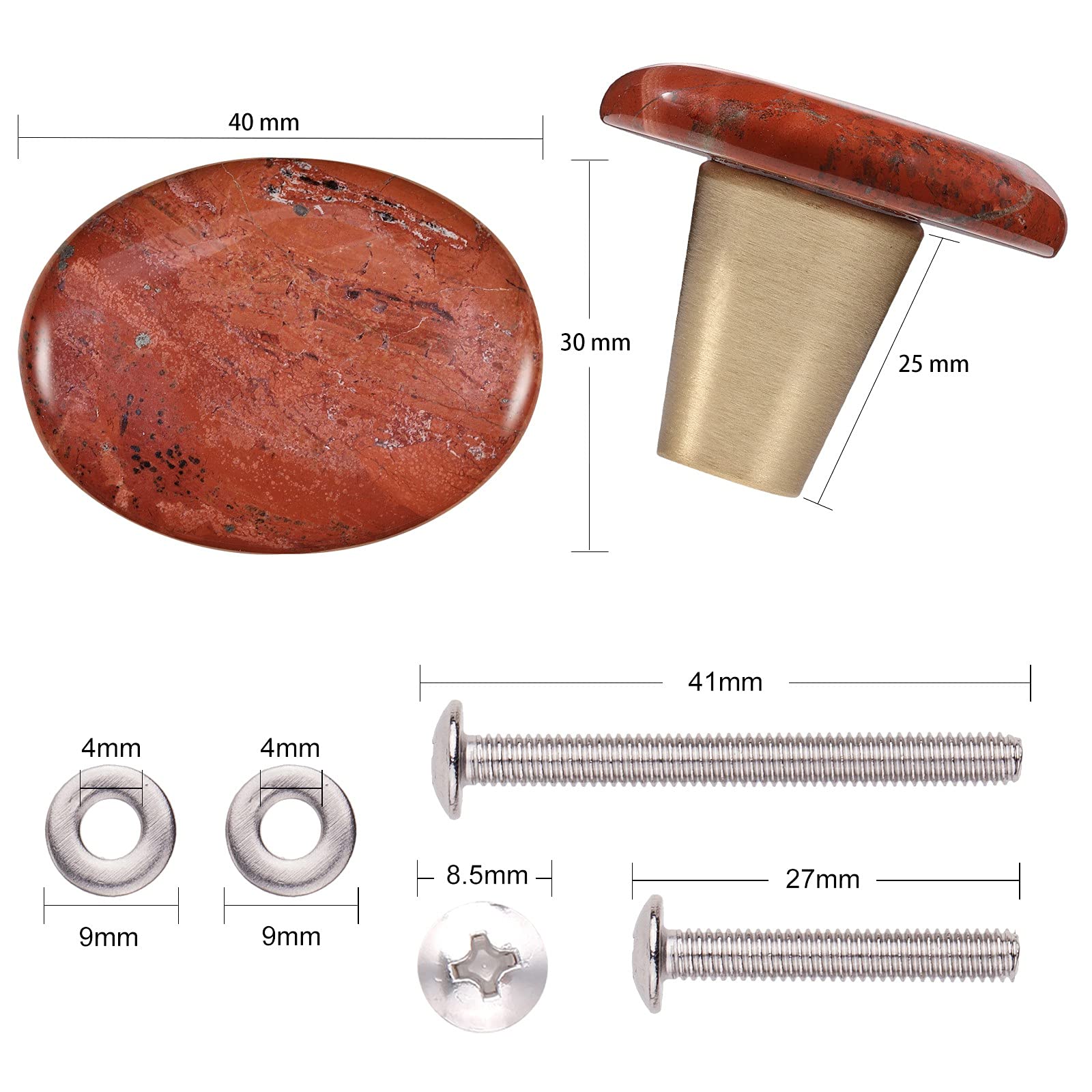 Cheungshing Hexagonal Red Jasper Drawer Knobs - 2-Pack Brushed Brass & Crystal Pulls With Screws For Cabinets & Dressers