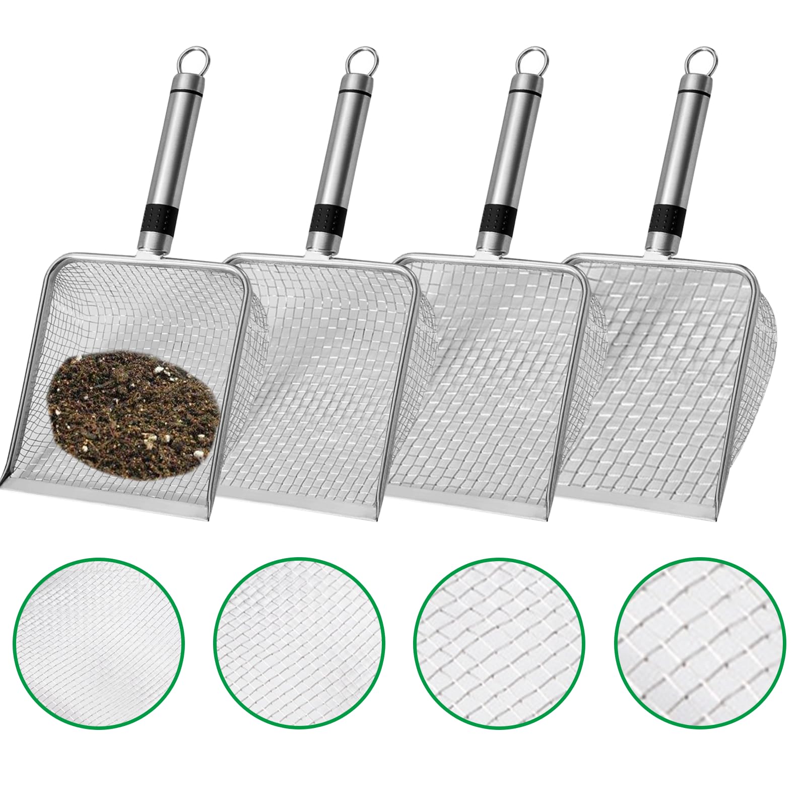 4 Stück Gartenerdesieb Kompostsieb mit Griff (2/2.8/3.8/5mm Masche), 4 Größen Gartensieb aus Edelstahl, für Sand Steine Erde Kompost Reiniger Scooper, Katzenschaufel Edelstahl für Katzenklo