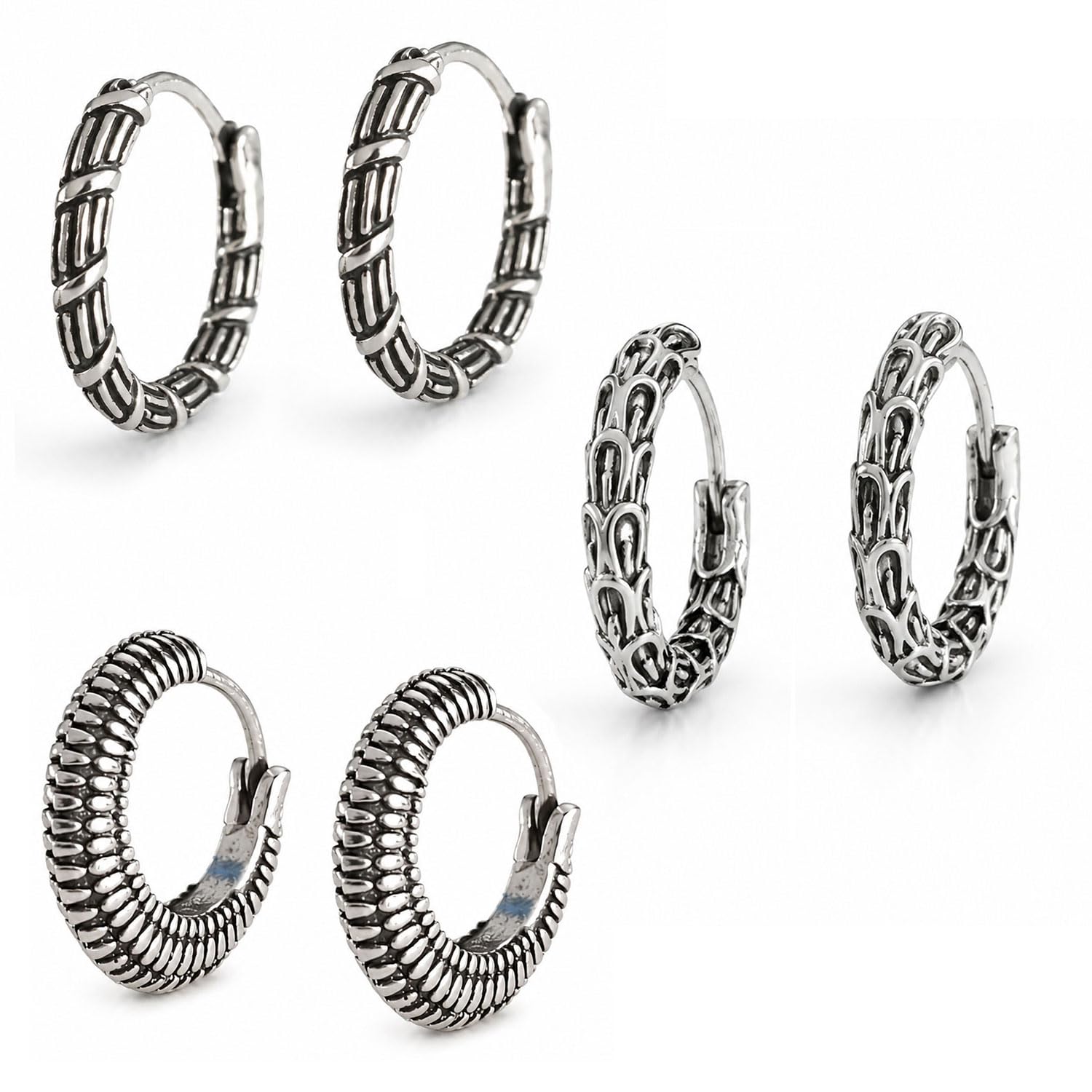 vama FASHIONS Silver Plated Stainless Steel Anti Tarnish Oxidized Black Hoop Earrings Textured Metal Loop Antique Kaju Bali Hoops Hypoallergenic Tribal Earring Combo Set For Mens & Boys-picture-25