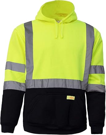 H8312 Mens ANSI Class 3 High Visibility Class 3 Sweatshirt, Hooded Pullover, Knit Lining, Black Bottom Lime, Set of 5M