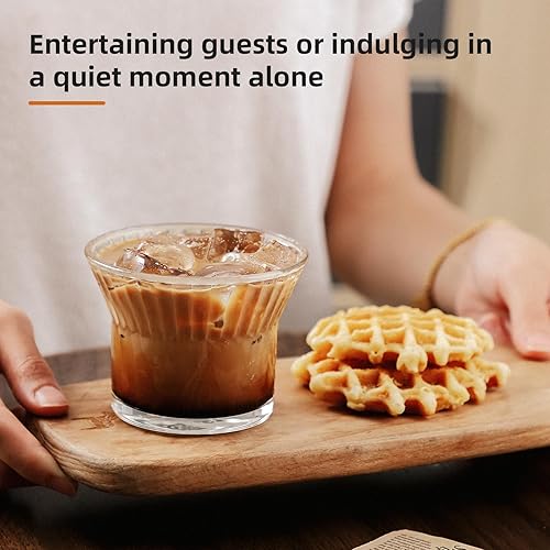 Miniatura 5 de Bincoo Juego de 2 tazas de vidrio para café helado, vasos de vidrio acanalado reutilizables de 7 onzas, cristalería vintage para vino, jugo,