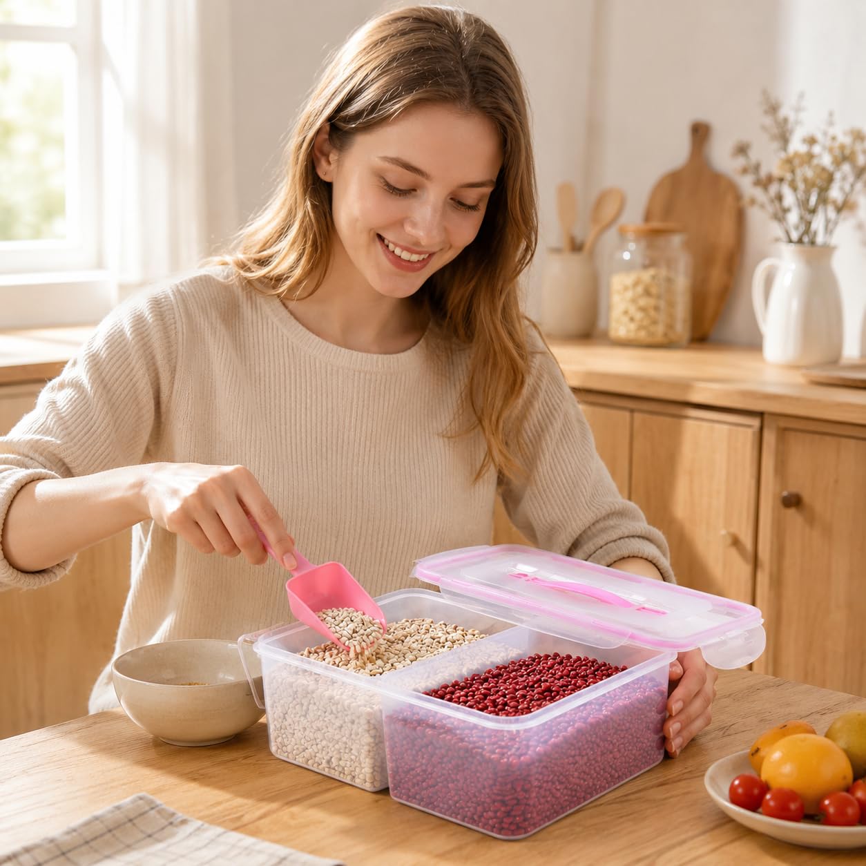 Boîte Hermétique Alimentaire, Plastique PP Silicone 4L avec Poignée, Rangement Frigo Cuisine Modulable, Rose, 2 compartiments