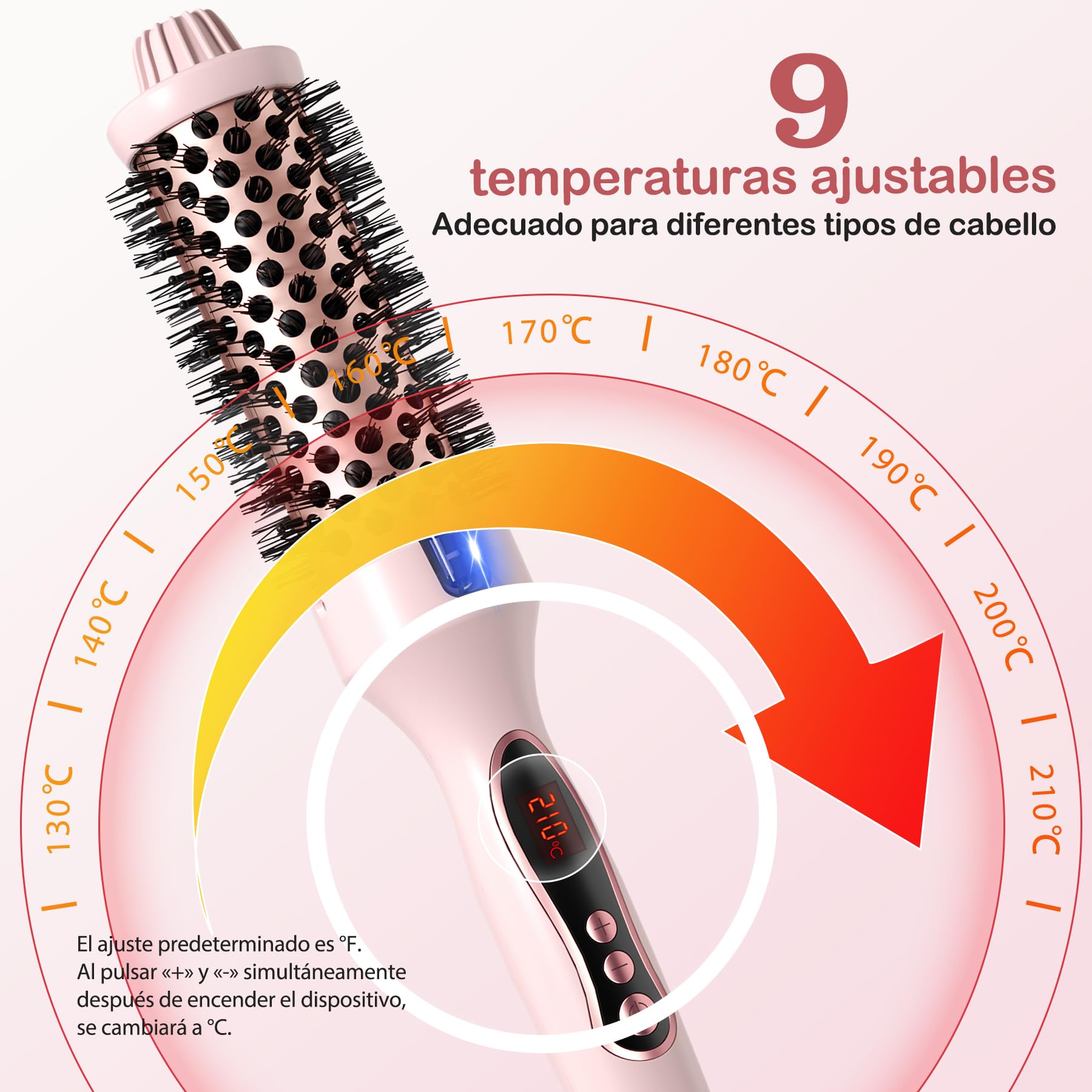 Cepillo Térmico Redondo Iónico 38mm, 9 Ajustes de Temperatura, Doble Voltaje
