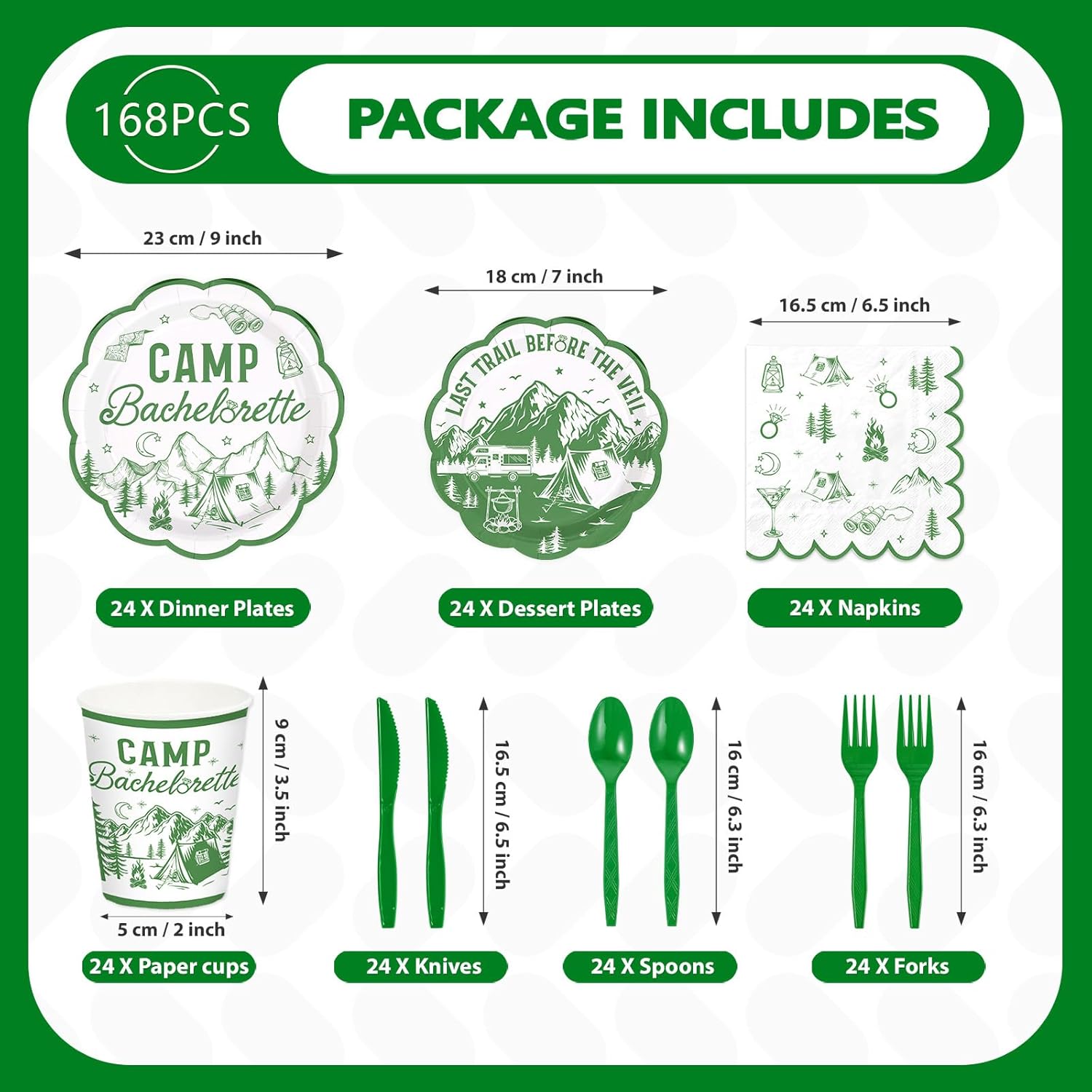 168Pcs Camp Bachelorette Party Decorations Scalloped Mountain Camp Plates and Napkins Cups Tableware Sets Camping Bachelorette Decoration for Bridal Shower Wedding Engagement Party Supplies Serves 24