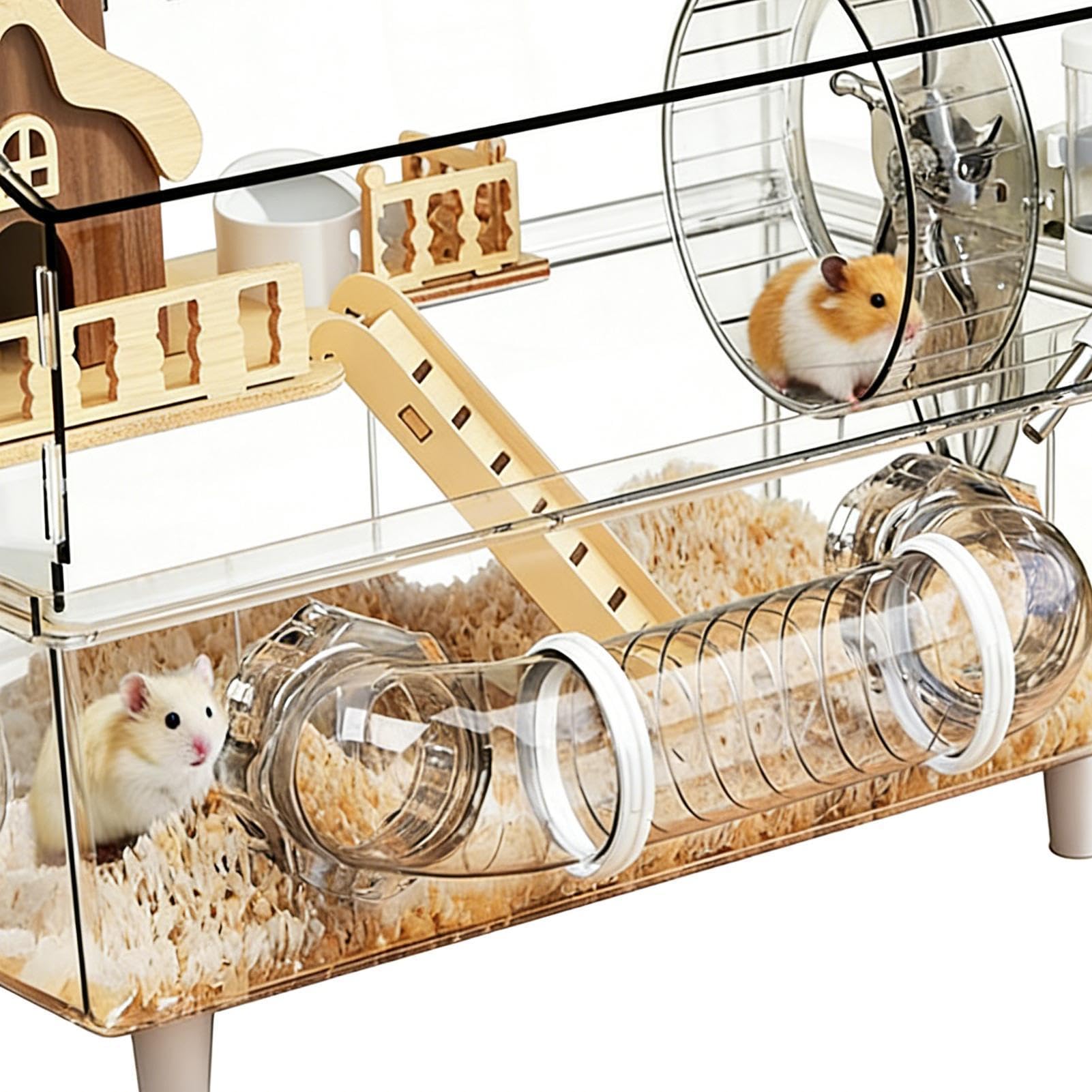 Jaula para Hámster Recinto Transparente de 2 Niveles para Mascotas | Jaula con Bebedero y Arenero Observación de Mascotas en Casa, Interior y Exterior