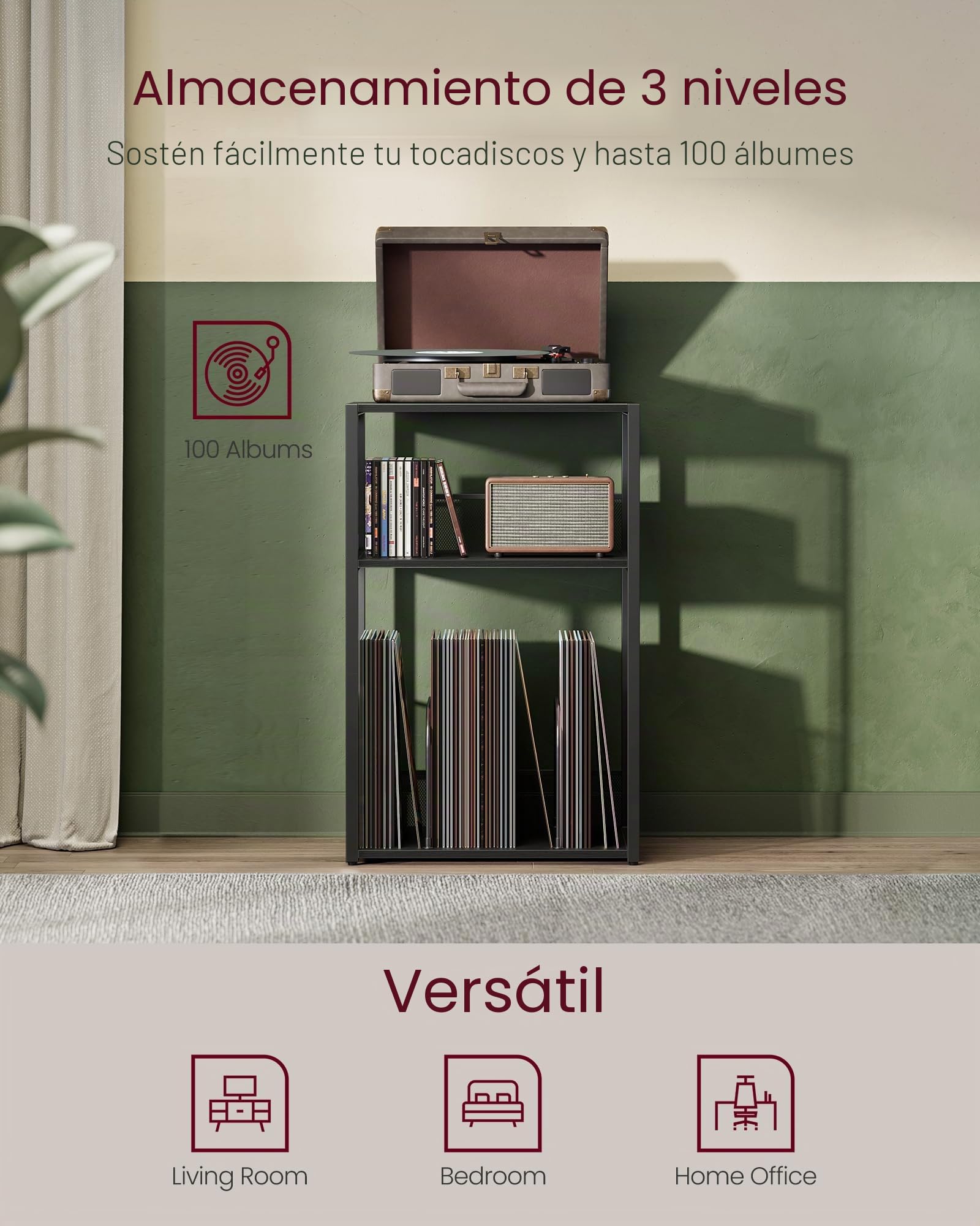 VASAGLE Soporte para Tocadiscos, Mesa Auxiliar de 3 Niveles, Almacenamiento de Discos de Vinilo hasta 100 álbumes, Mesa Auxiliar para salón, Dormitorio, Negro ébano ULET275B01