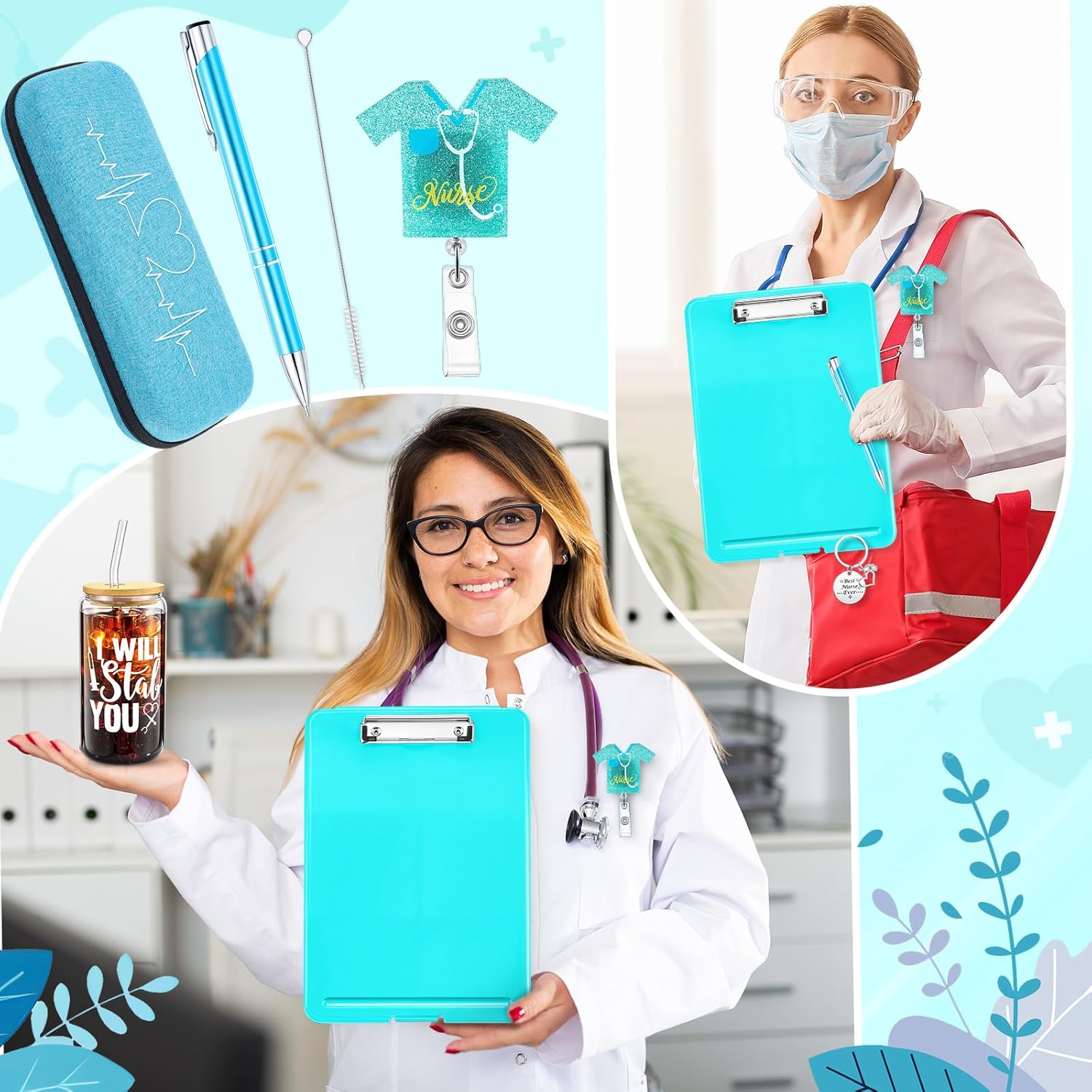 Fullhawl 6 Pcs Nurses Week Appreciation Gifts Set Nursing Gifts Include Glass Coffee Cup, Stethoscope Case, Ballpoint Pen, Badge Reel, Clipboard and Keychain(Blue)