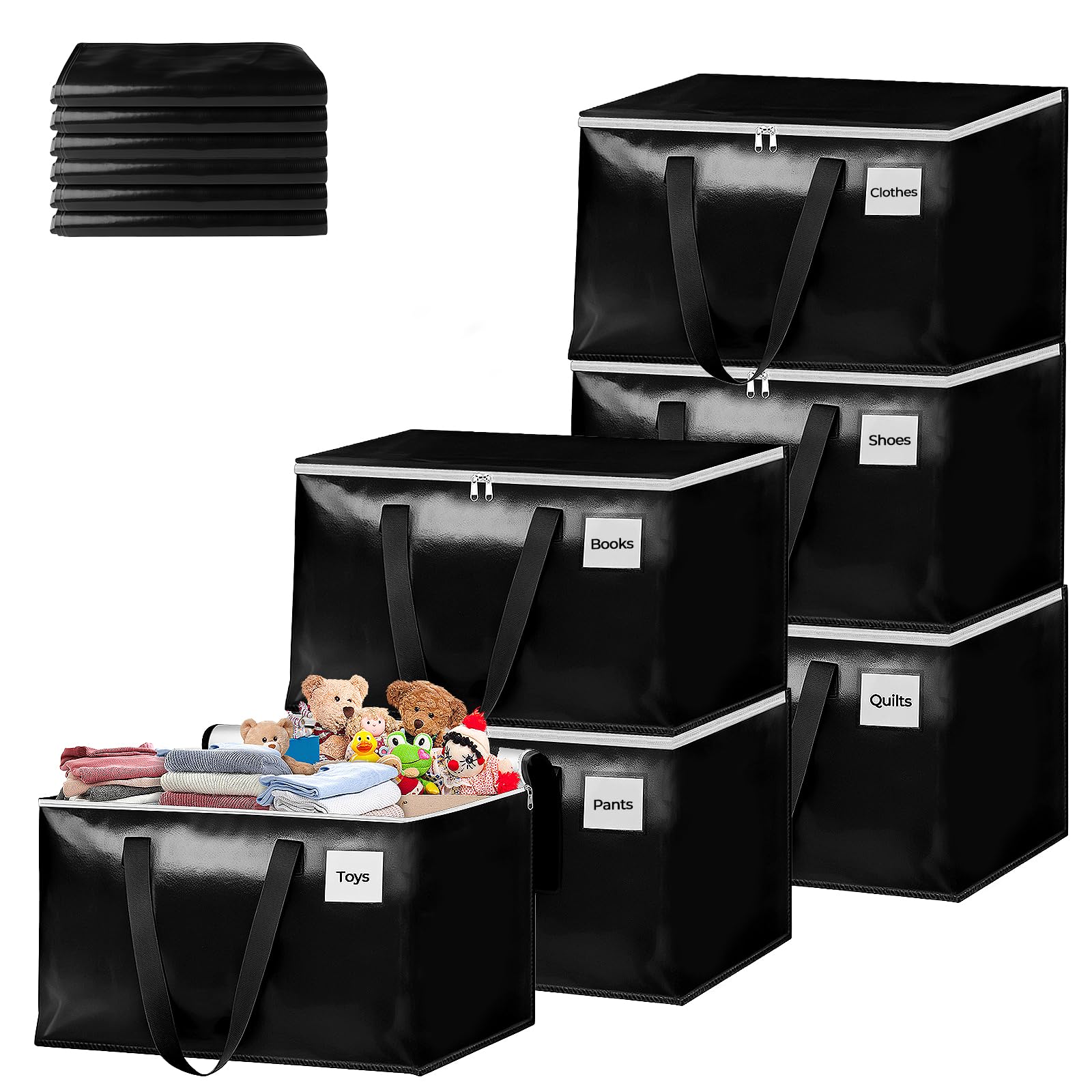 93L Bolsas Mudanza, 6 Piezas Bolsas de Mudanza con Cremallera y Asa, Impermeable Grande Bolsa de Almacenamiento, Organizador de Ropa, Bolsa Extra Grande para Mudanza y Viaje (Negro)