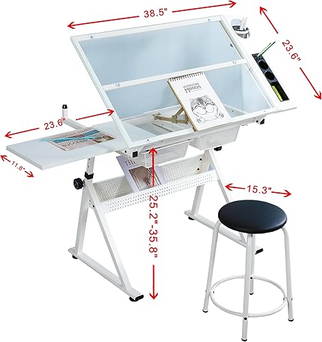 Miniatura 10 de LiviNest Mesa de dibujo ajustable en altura  Mesa de dibujo de artista moderna con lentes templados mesa inclinada con silla  Escritorio de arte con