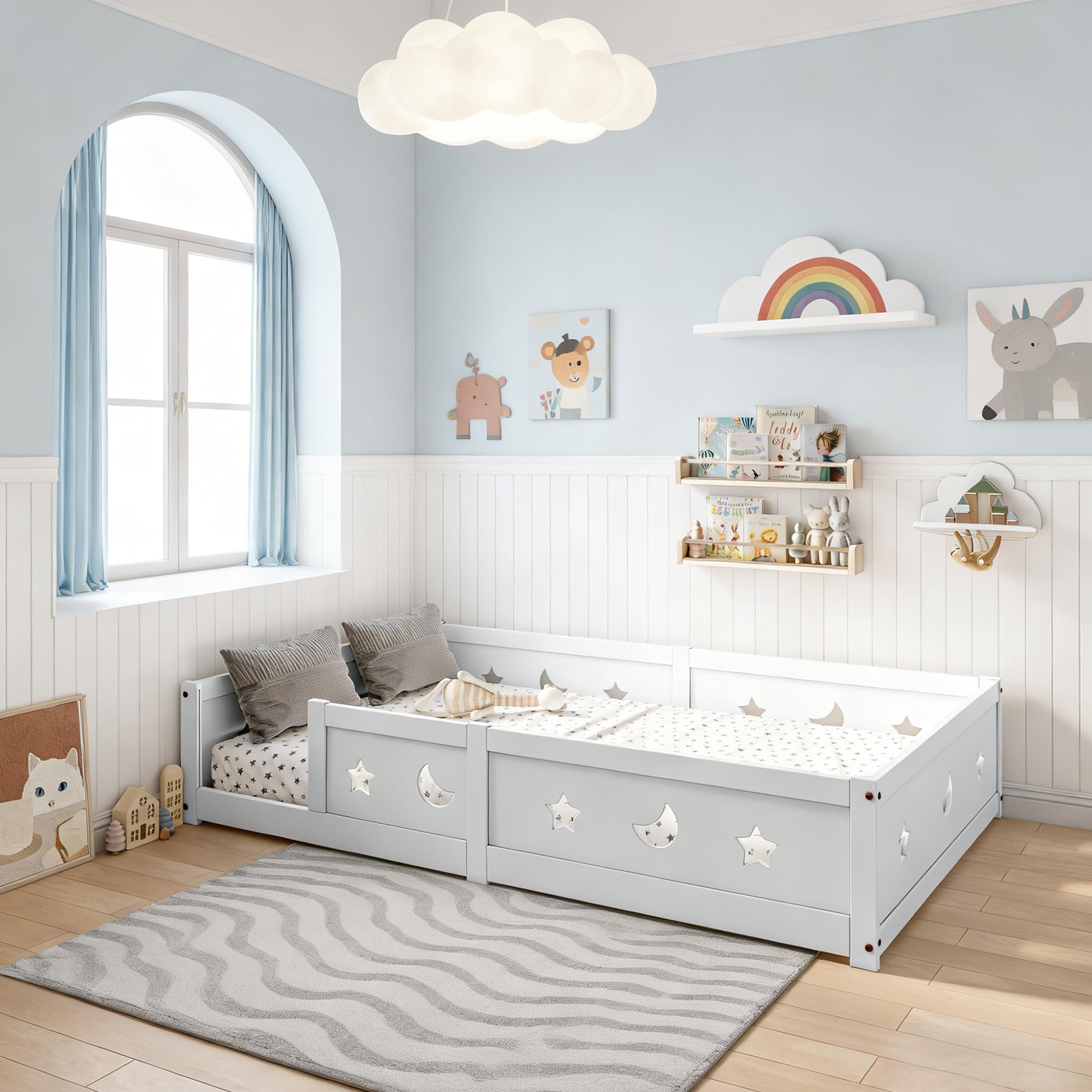 Montessori - Cama de suelo de 90 x 200 cm, con protección anticaída y somier de láminas, diseño de estrellas y luna, cama infantil para niños y niñas, de madera de pino maciza, color blanco (blanco