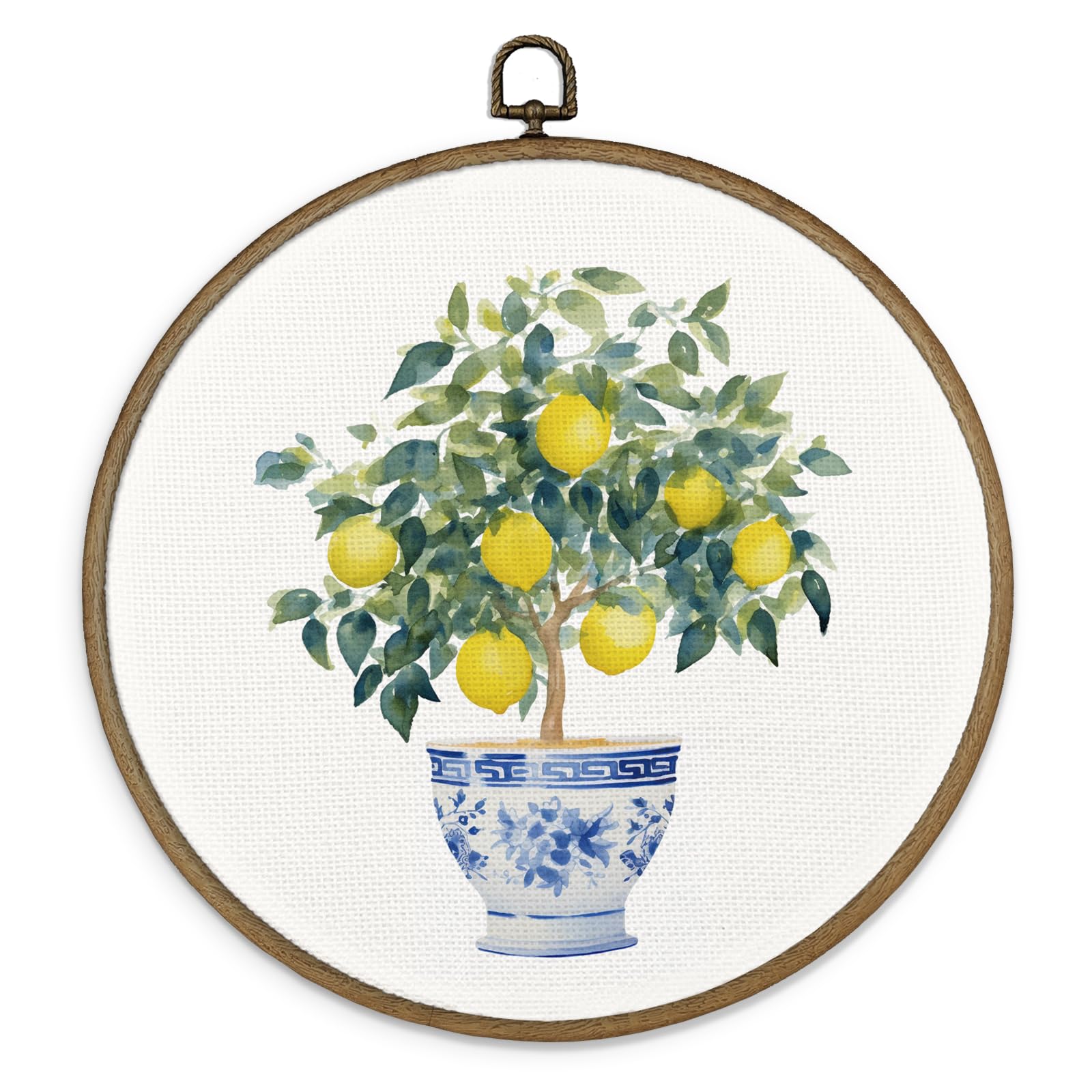 MAQIKA Lemon Framed Wall Art Decor, Lemon Wall Decor, Lemons Kitchen Decor, Blue and White Round Wall Hanging Decor, lemons Canvas Prints Wall Art for Farmhouse Kicthen Living Room, 10x10 Inch