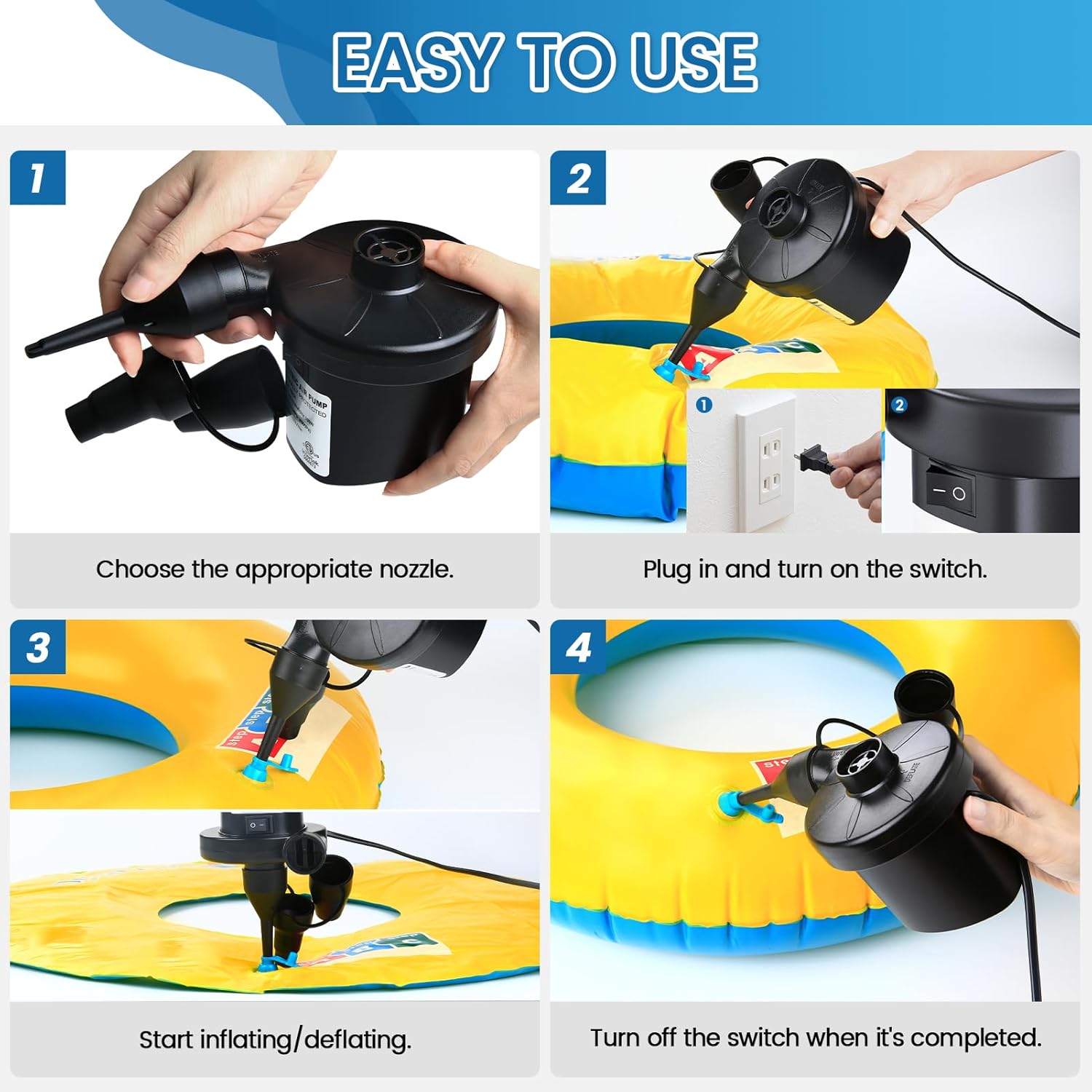 Electric Air Pump for Inflatables, VANNPOOY Portable Air Mattress Pump, Quick Inflate Deflate Plug in Air Pump with 3 Nozzles, Blow up Pool Float Inflator Pump for Airbed Toys Boat Couch Swimming Ring - Image 5