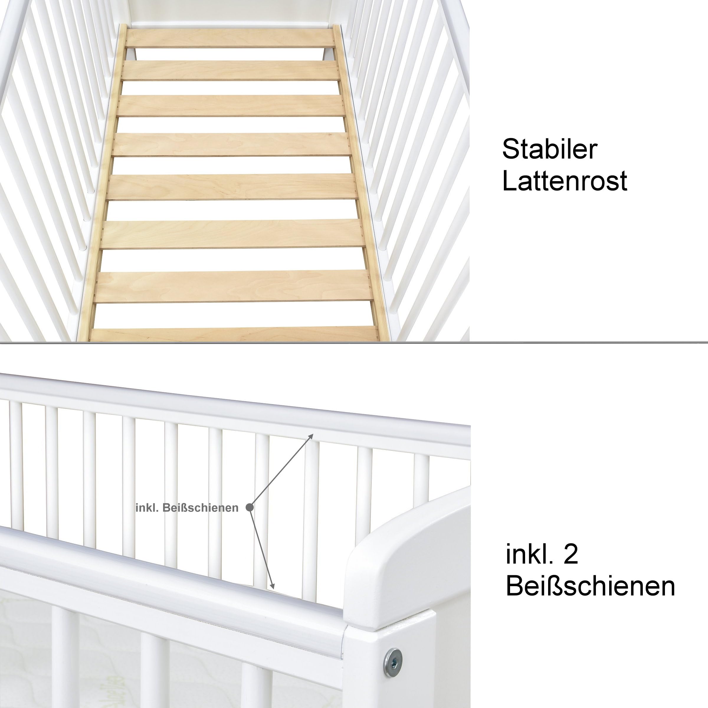 Babybett Kinderbett Juniorbett Jack 70x140 Weiß umbaubar mit Schublade Matratze und Beißschienen