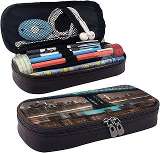 New York Manhattan Bridge Night Print Leather Flap Cosmetic Case, Cosmetic Bag, Zipper Storage Bag, Leather Flap Stationer...