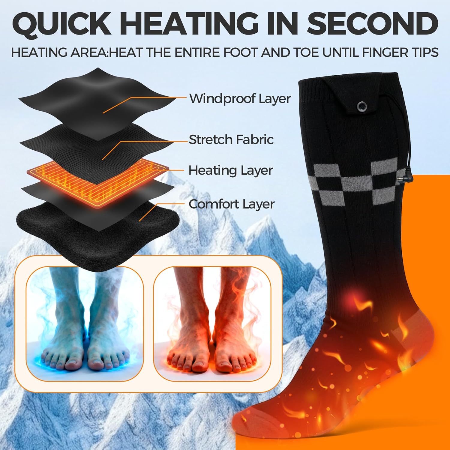 Heated Socks for Men Women, 5000mAh Rechargeable Heated Socks with 3 Heating Levels, Washable Electric Heating Socks for Hunting, Camping, Hiking, Walking, Fishing, Cycling, Outdoor Work - Image 6
