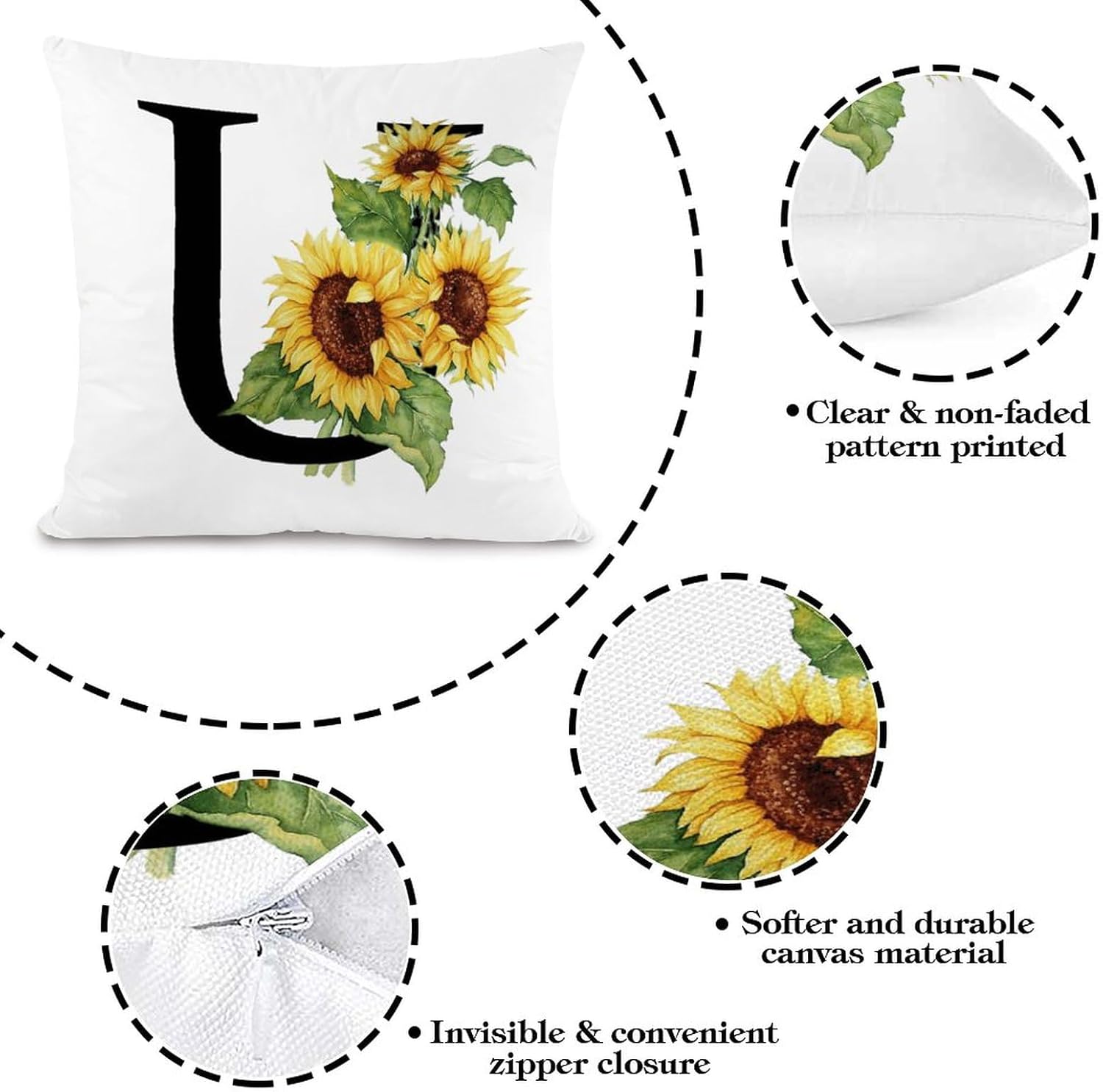 Set of 2 Sunflower Letter U Initial Monogram Decorative Throw Pillow Covers 24x24in Farmhouse Square Accent Pillow Cases Cushion Cover Cases for Sofa Chair Bedroom Home Decor
