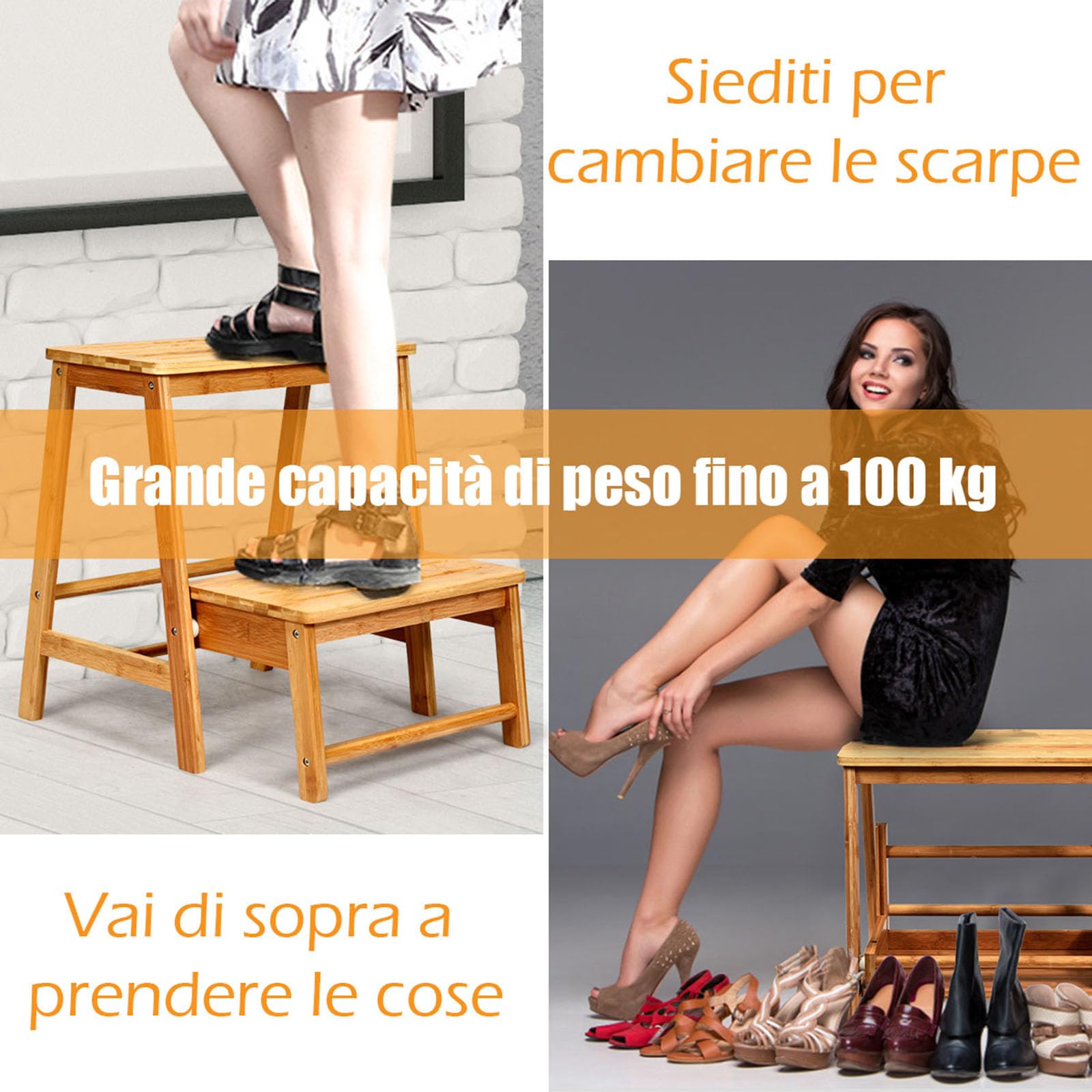 COSTWAY Sgabello Scala in Bambù Sedia Scaletta, Richiudibile Salvaspazio, Portata 100 kg, 45 x 51 x 48 cm (Naturale)