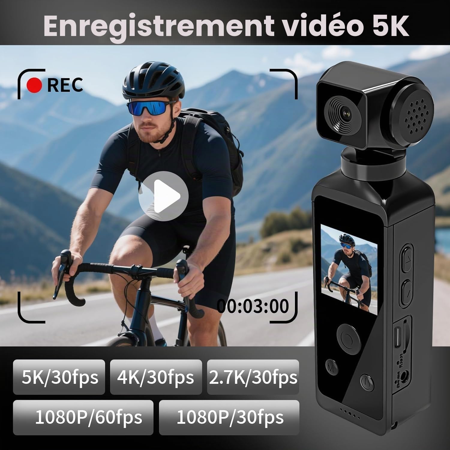 Caméra corporelle HD 5K avec Audio et vidéo, caméra d'action Sport avec Objectif Rotatif à 270°, caméra de vlogging pour Voyage, Sport en Plein air, Cyclisme, Clip et Carte TF 64 Go Incluse