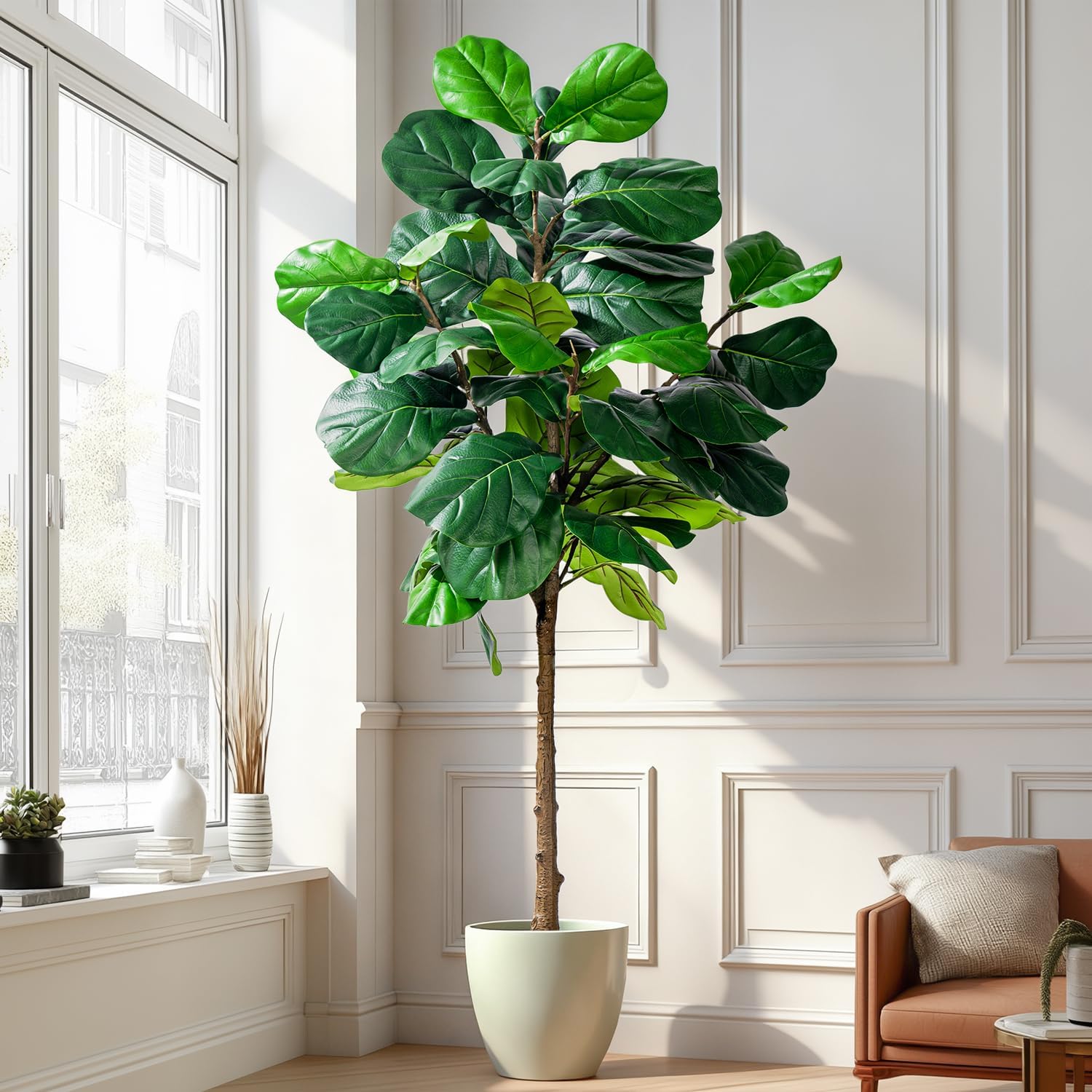 Artificial Fiddle Leaf Tree-6ft Faux Plant Fake Ficus Lyrata Tree Artificial Fig Silk Trees with Pot Floor Plants for Home Living Room Decor Indoor(No Planter